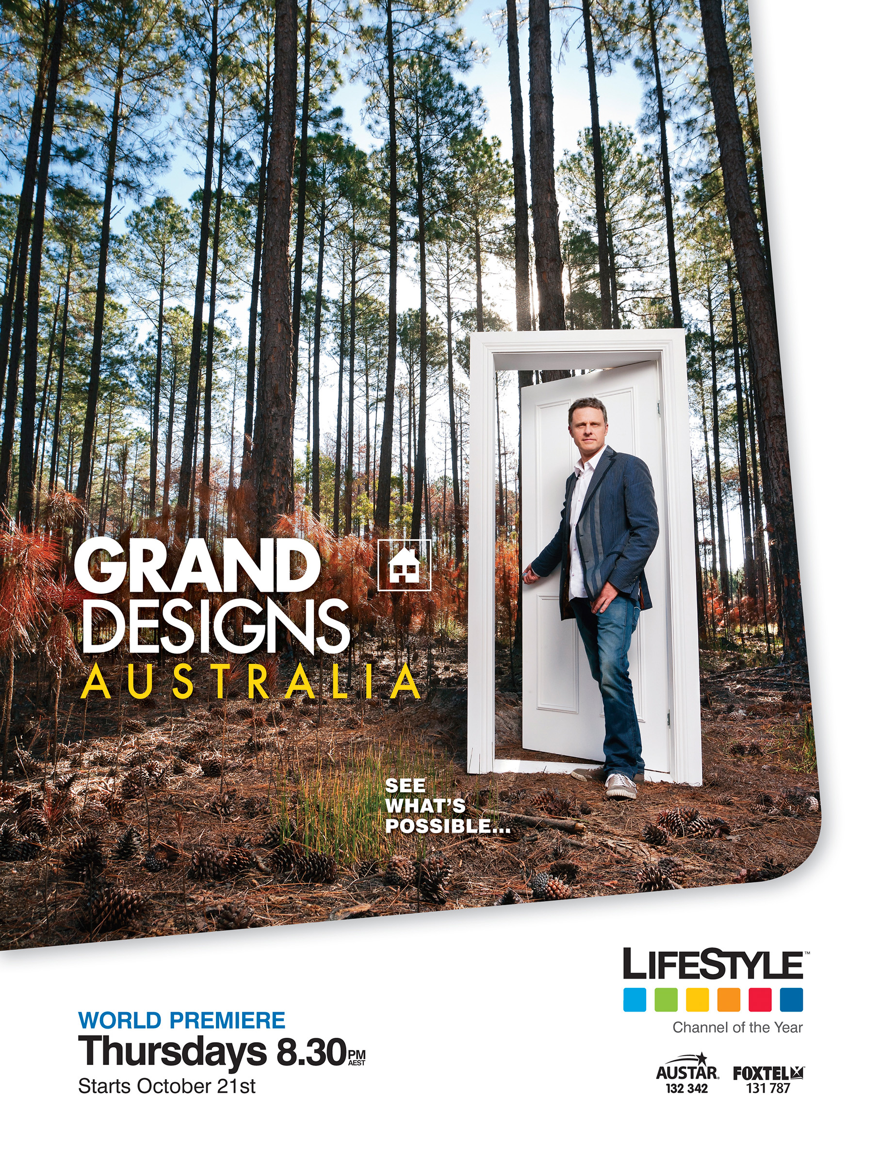 Advertising TV Series commercial photography Grand Designs Australia Peter Madison opening white door standing in the forest